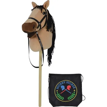 plyšák Béžový kůň na tyči 73 cm, s černým batohem, se zvukem koně