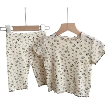 Dívčí květinová souprava tričko s krátkým rukávem a kalhoty na gumu Výstřih do O Letní set z bavlny a polyesteru béžova 6