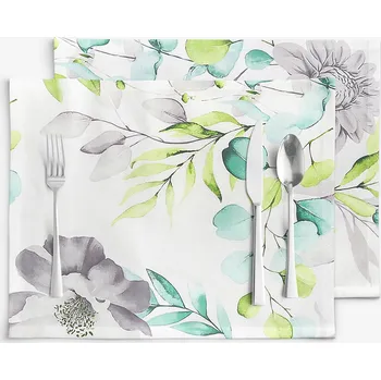 ubrus Prostírání na stůl 100% bavlněné plátno Deluxe - Eukalyptus s květy - sada 2ks 30 x 40 cm