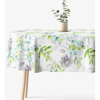 ubrus Oválný ubrus 100% bavlněné plátno Deluxe - Eukalyptus s květy 120 x 160 cm