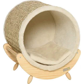 Pelíšek pro kočku PawHut kočičí jeskyně se škrabací plochou včetně polštáře, škrabací sud, 41 cm x 38 cm x 43 cm, přírodní + béžová barva