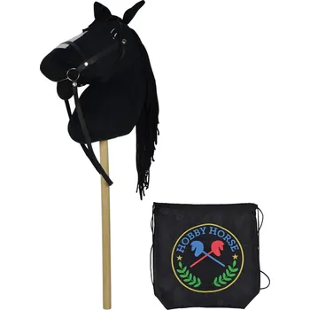 plyšák Černý kůň na tyči 73 cm, s černým batohem, se zvukem koně