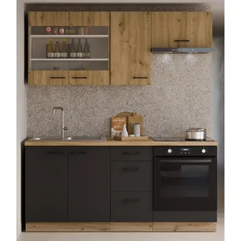 Kuchyňská linka Kuchyňská linka Modena, sestava L, 180 cm, 6 skříněk, dub artisan / černý mat