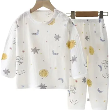 Unisex dětská bílá souprava triko s dlouhým rukávem a kalhoty na gumu Potisk slunce hvězd a měsíce Výstřih do O 5