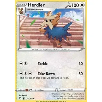 Karetní hra Pokémon EVS 134/203 Herdier - Evolving Skies Stav: Near Mint, Verze: REVERSE HOLO