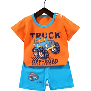 Dětský oranžový set s potiskem off road auta tričko s krátkým rukávem a kraťasy na gumu Unisex bavlněná letní souprava 5