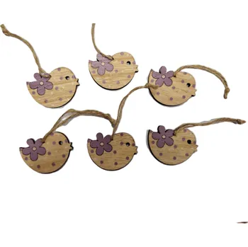 Velikonoční dekorace Dřevěný ptáček s kytičkou - závěsný, 5 cm, fialový