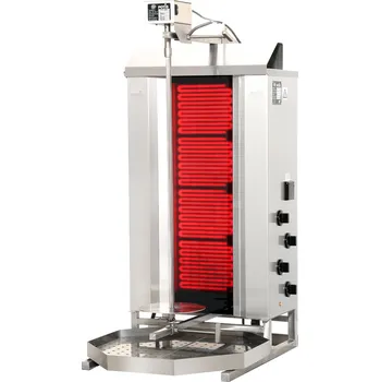 Kuchyňský gril POTIS Sklokeramický elektrický gril na kebab/gyros, 4 topné plochy, zátěž 50 kg, 400V, 7,6 kW, 550x530x1120 mm, nádoba na tuk 500x500 mm | POTIS, CE4