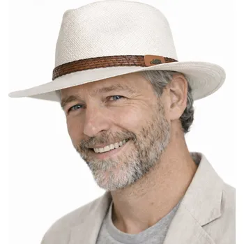 Klobouk Fiebig - Headwear since 1903 Letní bílá ekvádorská panama Fedora - ručně pletený - s koženou stuhou Velikost: 61 cm (XL)