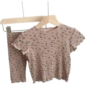 Dívčí květinová souprava tričko s krátkým rukávem a kalhoty na gumu Výstřih do O Letní set z bavlny a polyesteru hnědá 3