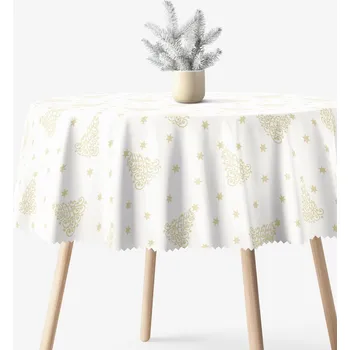 ubrus Vánoční kulatý teflonový ubrus - Zlaté vánoční stromečky a hvězdičky Ø 100 cm
