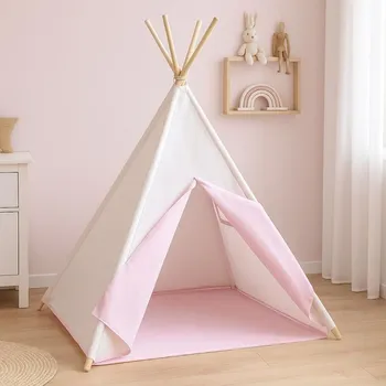 Dětský stan Růžovo-béžový teepee stan pro děti 110x110x162 cm interiér