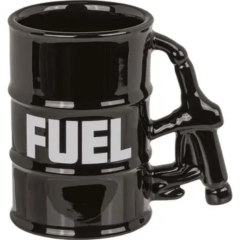 Černý hrnek ve tvaru barelu s pumpou