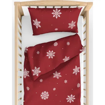Povlečení Dětské bavlněné povlečení do postýlky - Sněhové vločky na červené 90 x 120 a 40 x 60 cm