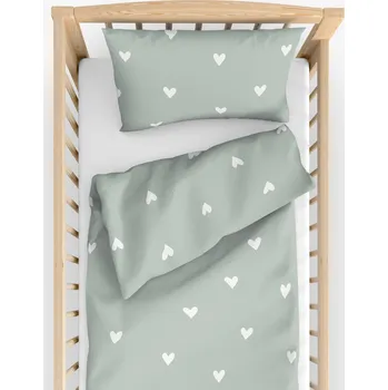 Povlečení Dětské bavlněné povlečení do postýlky - Srdíčka na šalvějově zeleném 110 x 125 a 35 x 55 cm