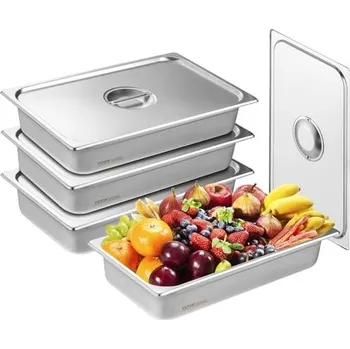 Pánev VEVOR Balení 4 hotelových pánví, plnohodnotná parní pánev s víkem proti zasekávání, nerezová parní pánev o tloušťce 0,8 mm, komerční stolní pánev o hloubce 4 palce, pánev na skladování potravin pro catering, pro průmysl a vědu