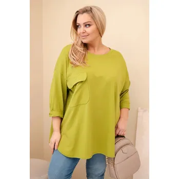 Dámská halenka Dámská blůza Plus Size s bavlnou, kapsou a ohrnutým rukávem olivová UNI
