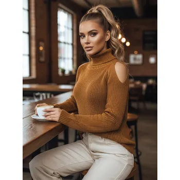 Dámská móda Hořčicový pletený rolák s prostřihy ARIEL MY1707 Velikost: ONE SIZE