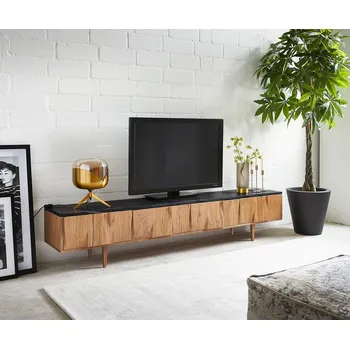 Televizní stolek DELIFE TV stolek Shia 200 cm akácie přírodní mramor černá 4 dvířka