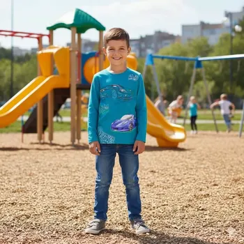 Chlapecké tričko dlouhý rukáv Kugo XC1302 modré (Bavlněné tričko pro kluky s auty)