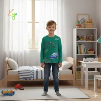 Chlapecké tričko Chlapecké tričko dlouhý rukáv Kugo XC1302 zelené (Bavlněné tričko pro kluky s auty)