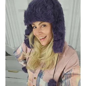 Čepice Zimní čepice s dlouhými ušima, Agrafka , fialová, univerzální velikost