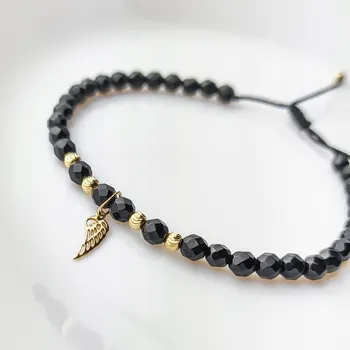 Náramek Zlatý náramek s onyxovými korálky a Andělským křídlem, ryzost 585
