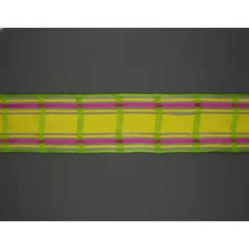 Stuha Kostková stuha s monofilem a drátem, 40mm, žluto-zeleno fialová