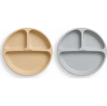 dětská jídelní sada 2x Silikonový talíř, tříkomorový - béžový, šedý; šedá, béžová; silikon