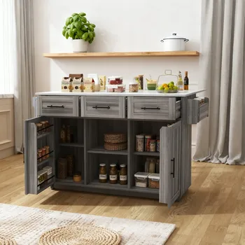 Servírovací stolek KUCHYŇSKÝ VOZÍK MARMOROVÝ ŠEDÝ SKLÁDACÍ SE ZÁSUVKAMI PRO DOMÁCNOST A RESTAURACE.