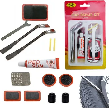 Vulkanizační sada na opravu duší jízdních kol s lepidlem, montpáky, klíčem a záplatami