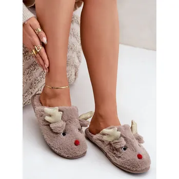 Dámské žabky Vánoční Pantofle S Motivem Sobíka Kožešinové Tmavě Béžové Asielle 38