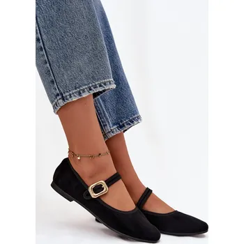 Dámské baleríny Dámské eko semišové baleríny s páskem a zlatou přezkou Adelora – černé Velikost: 36