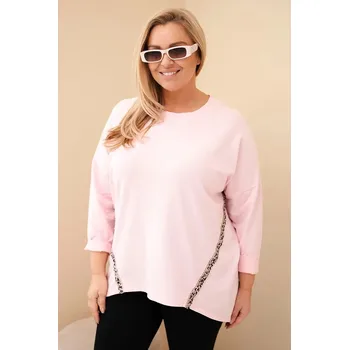 Dámská halenka Dámská blůza Plus Size bavlněná s ohrnovacími rukávy a lampasem v leopardím vzoru cukrová růžová UNI