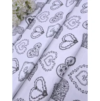 Látka 100% bavlna - šedá malovaná srdíčka na bílé