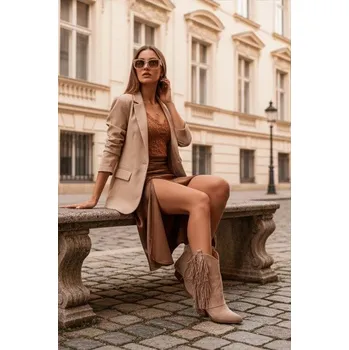 Dámské kozačky Dámské cowboy boty s třásněmi na podpatku Khaki Gralina 41