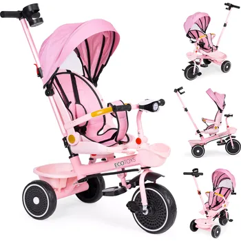 Dětské vozidlo Dětská tříkolka 2v1 s otočným sedadlem a skládací stříškou, růžová ECOTOYS
