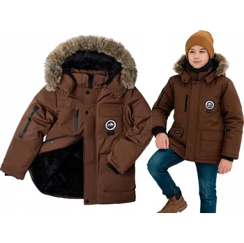 Zimní bunda hnědá s kožešina parka teplá vycpaná syntetickým peřím, velmi teplá, velikost 8, 122/128