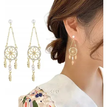 Náušnice KRÁSNÉ ZLATÉ NÁUŠNICE LAPAČE SNŮ PERLY Náušnice