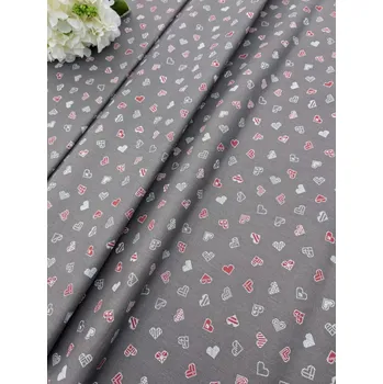 Látka 100% bavlna - červená a bílá srdíčka na šedé