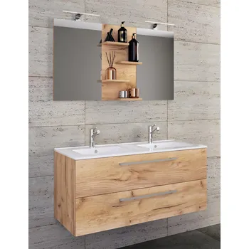 Koupelnový nábytek VCM 3dílná umyvadlová skříňka Budasi se zrcadlem, dub medový 486448