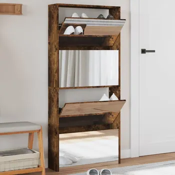Botník vidaXL Botník se zrcadlem 4patrový kouřový dub 63 x 17 x 134 cm