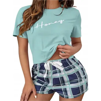 Dámské pyžamo MINT ZELENÉ KOSTKOVANÉ DÁMSKÉ PYŽAMO KRÁTKÉ DVOUDÍLNÁ SADA KRAŤASY SM