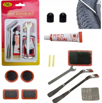 Vulkanizační sada na opravu duší jízdních kol, klíč, záplaty, montpáky, lepidlo
