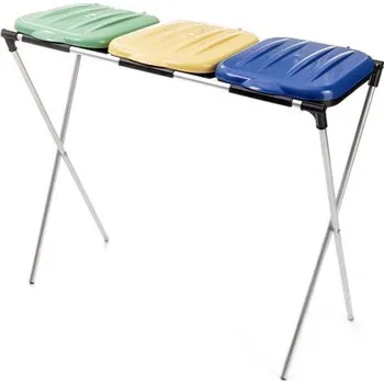 Venkovní odpadkový koš MEVA-TEC Troj-stojan na pytel s plastovými víky – modro-zeleno-žlutý