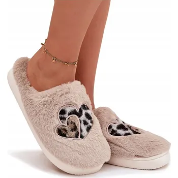 Dámské pantofle DÁMSKÉ ZATEPLENÉ PANTOFLE TEPLÉ POHODLNÉ S SRDÍČKY BÉŽOVÉ 36/37
