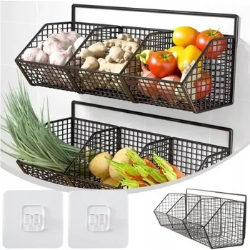 Úložný box Nástěnný kuchyňský organizér kovový se 3 košíky na zeleninu, ovoce a koření
