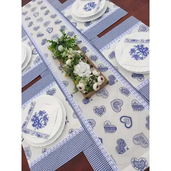 Jídelní set Jídelní sada - zdobená modrá srdíčka v kombinaci s venkovsky modrou kostičkou - 1 x běhoun + 4 x prostírání