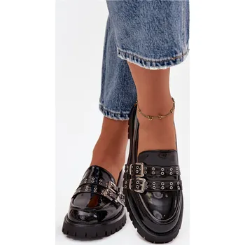 Dámské mokasíny Lakované dámské mokasíny s pásky a stříbrnými přezkami Gabrisse – černé Velikost: 37