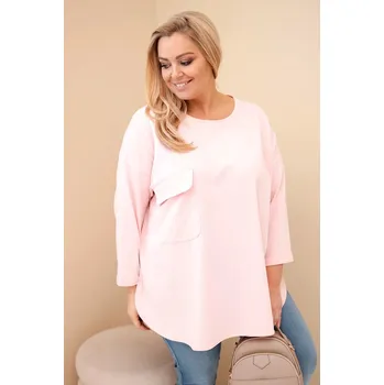 Dámská halenka Dámská blůza Plus Size s bavlnou, kapsou a ohrnutým rukávem pudrově růžová UNI